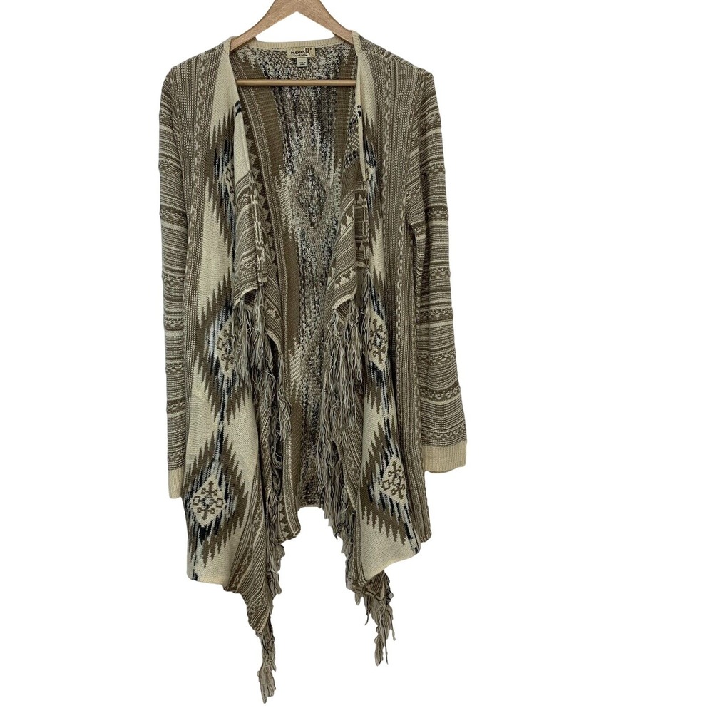One World Aztec Fringe Open Front Cardigan Draped Tan Brown Boho Layer Medium